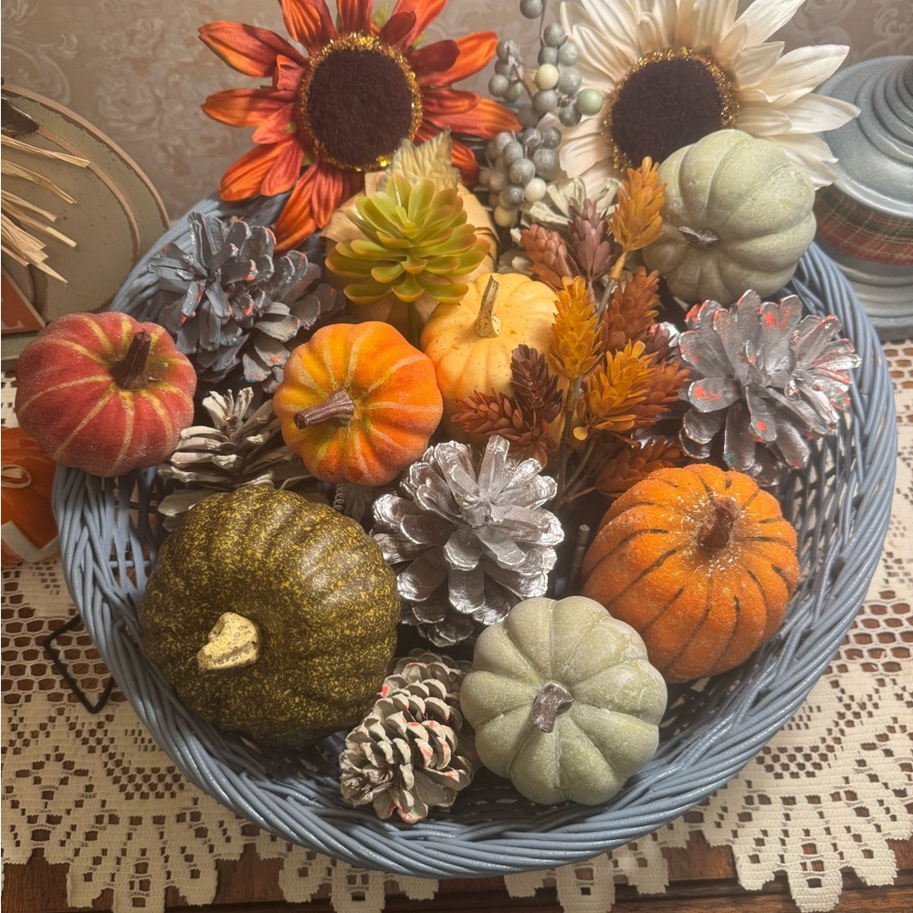 Autumn Harvest Decorative Basket with Pumpkins and Pinecones